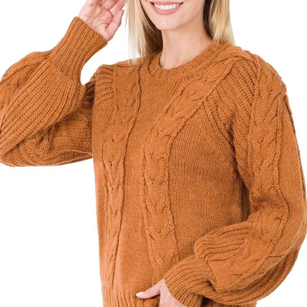 CABLE KNIT BALLOON SLEEVE SWEATER